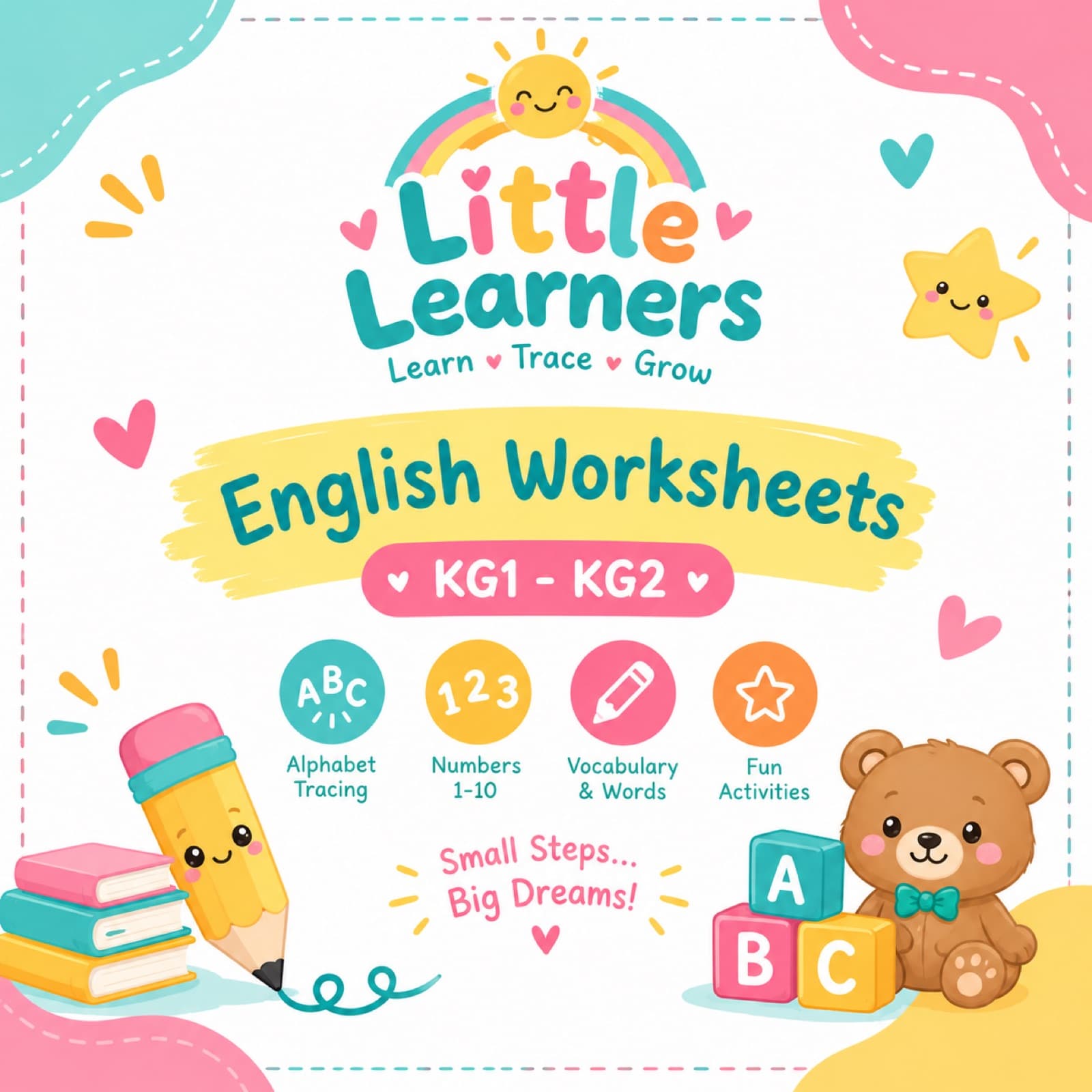 I will create English worksheets for kG1 and kG2 children