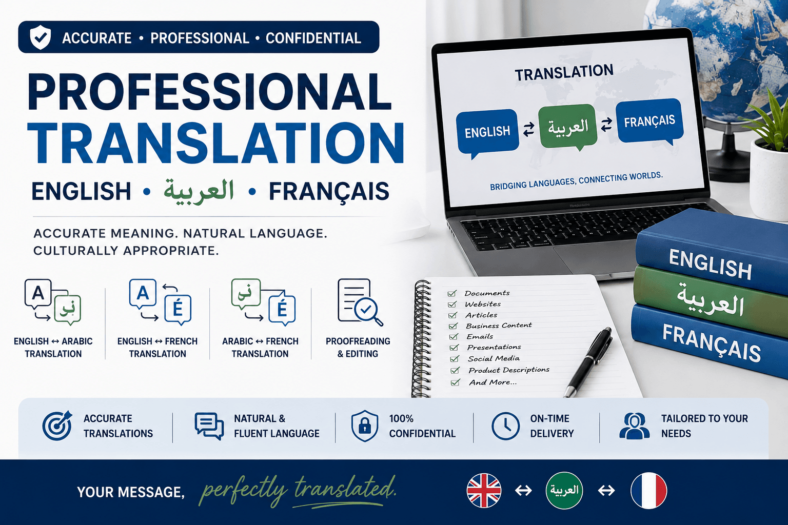 I will professionally translate English, Arabic and French content
