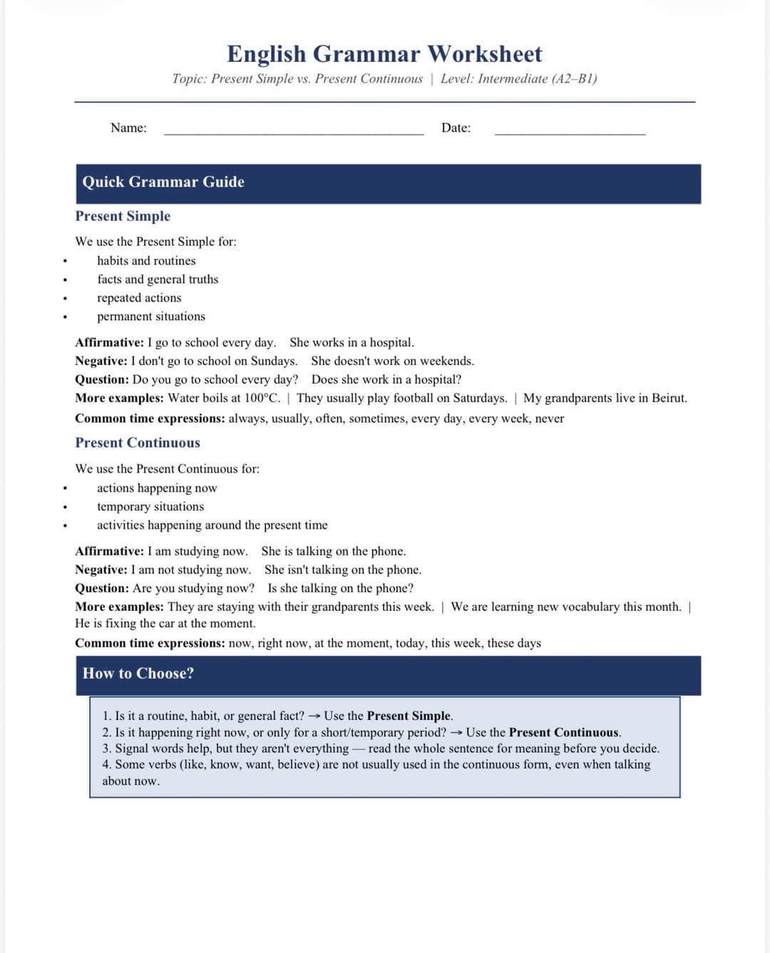 English Grammar Worksheet & Answer Key