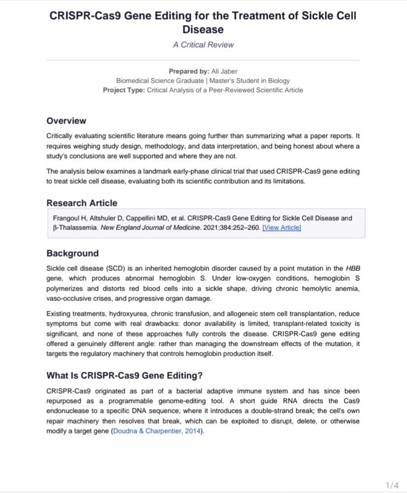 Critical Analysis of a Biomedical Research Article: CRISPR-Cas9 Gene Editing in Sickle Cell Disease