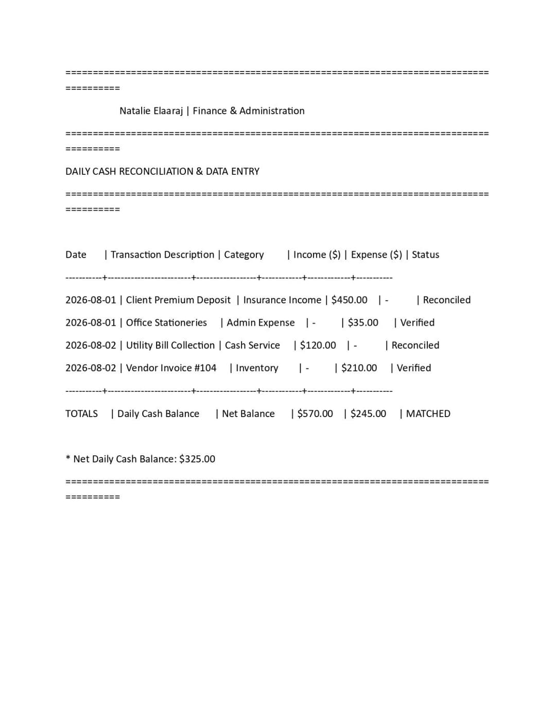 Financial Data Entry & Cash Reconciliation