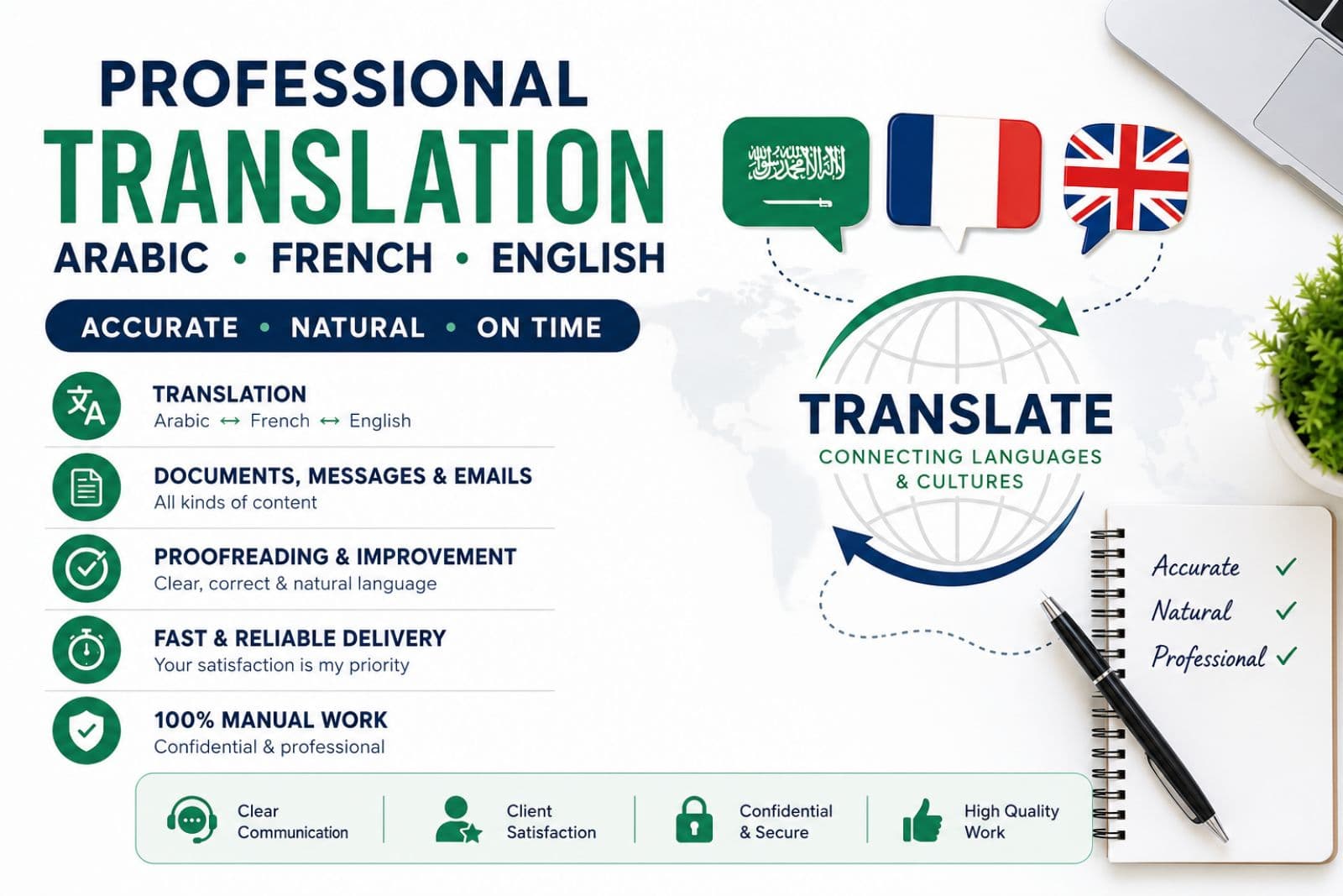 I will translate Arabic, French and English accurately