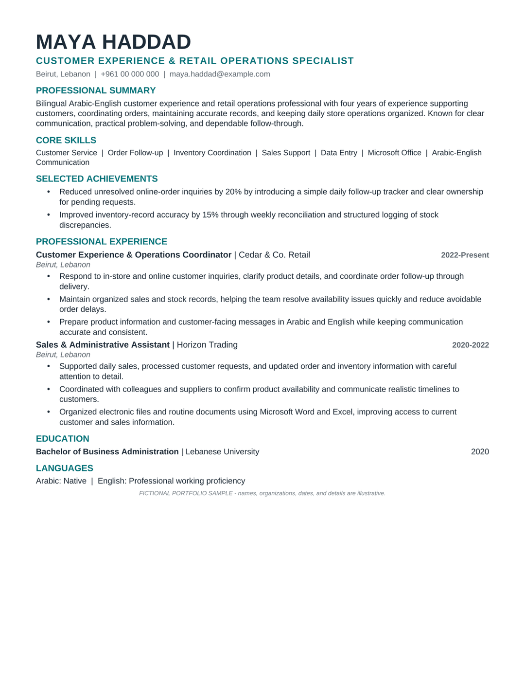 ATS-Friendly English CV — Retail & Customer Service Sample