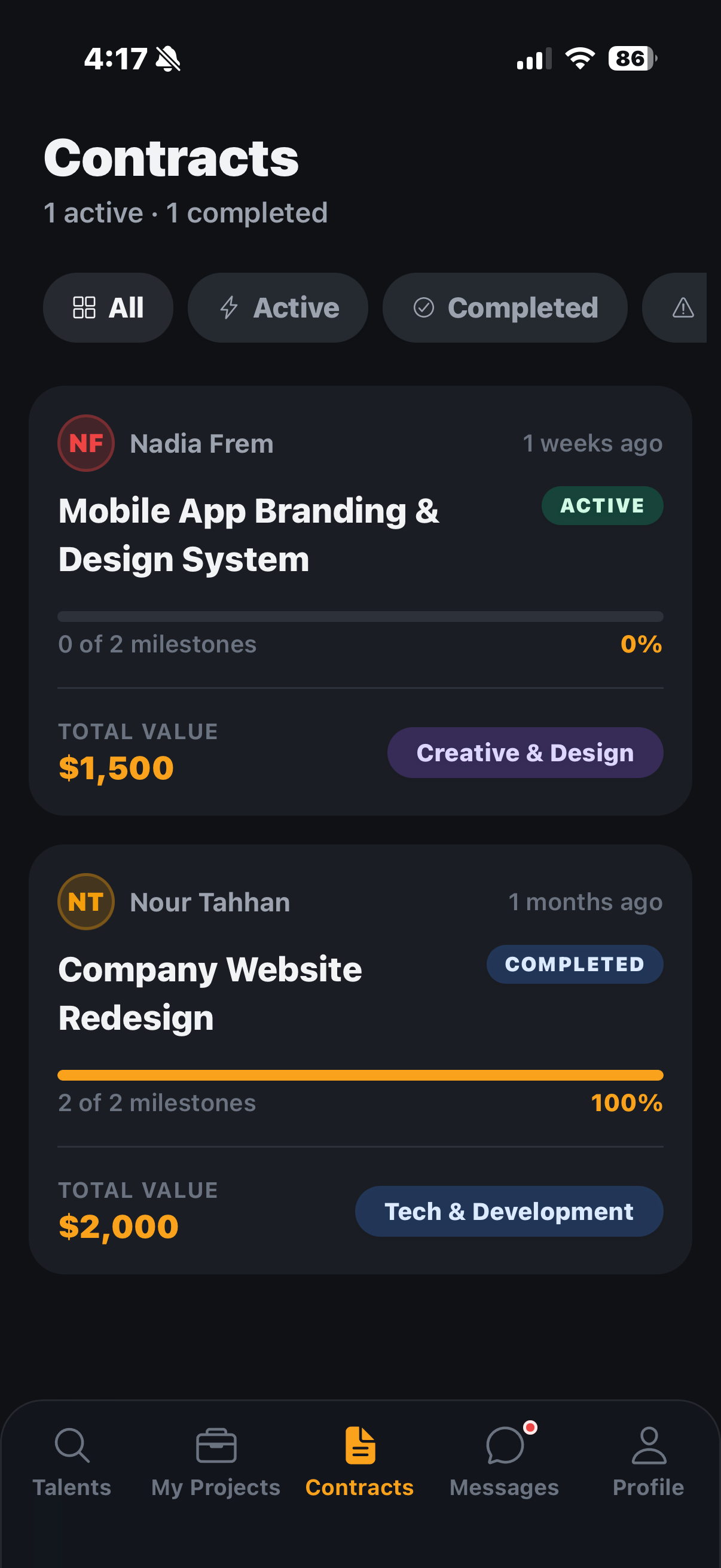 Furrsati Contracts screen — client view showing active and completed contracts