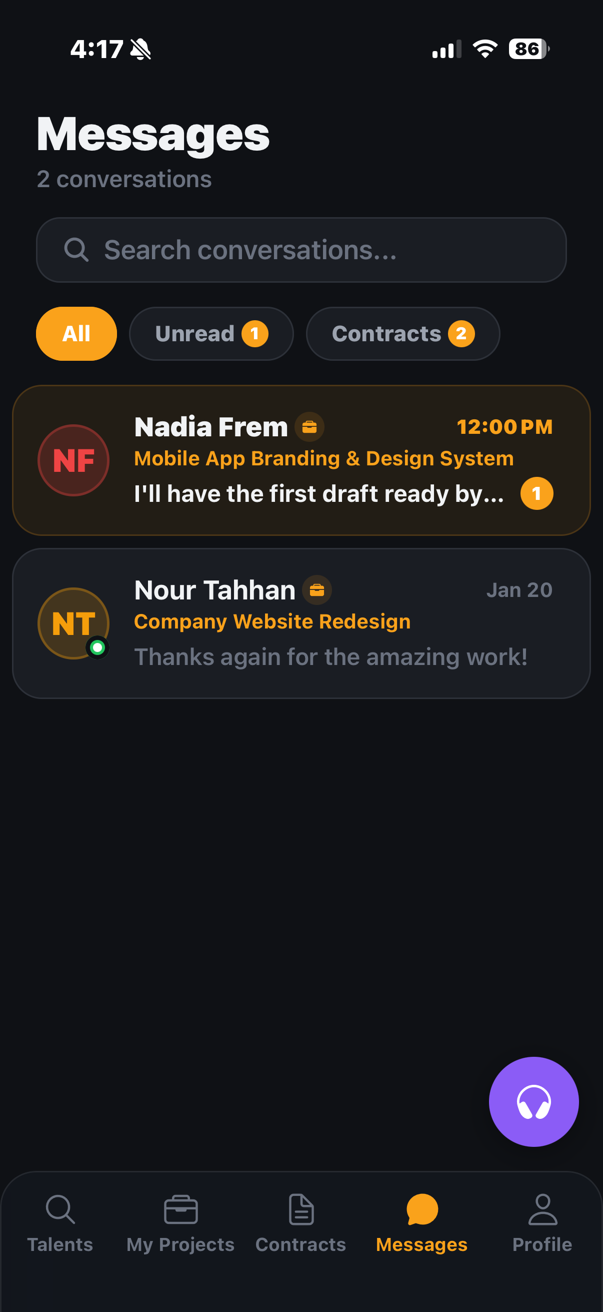 Furrsati Messages screen — client view with active contract conversations