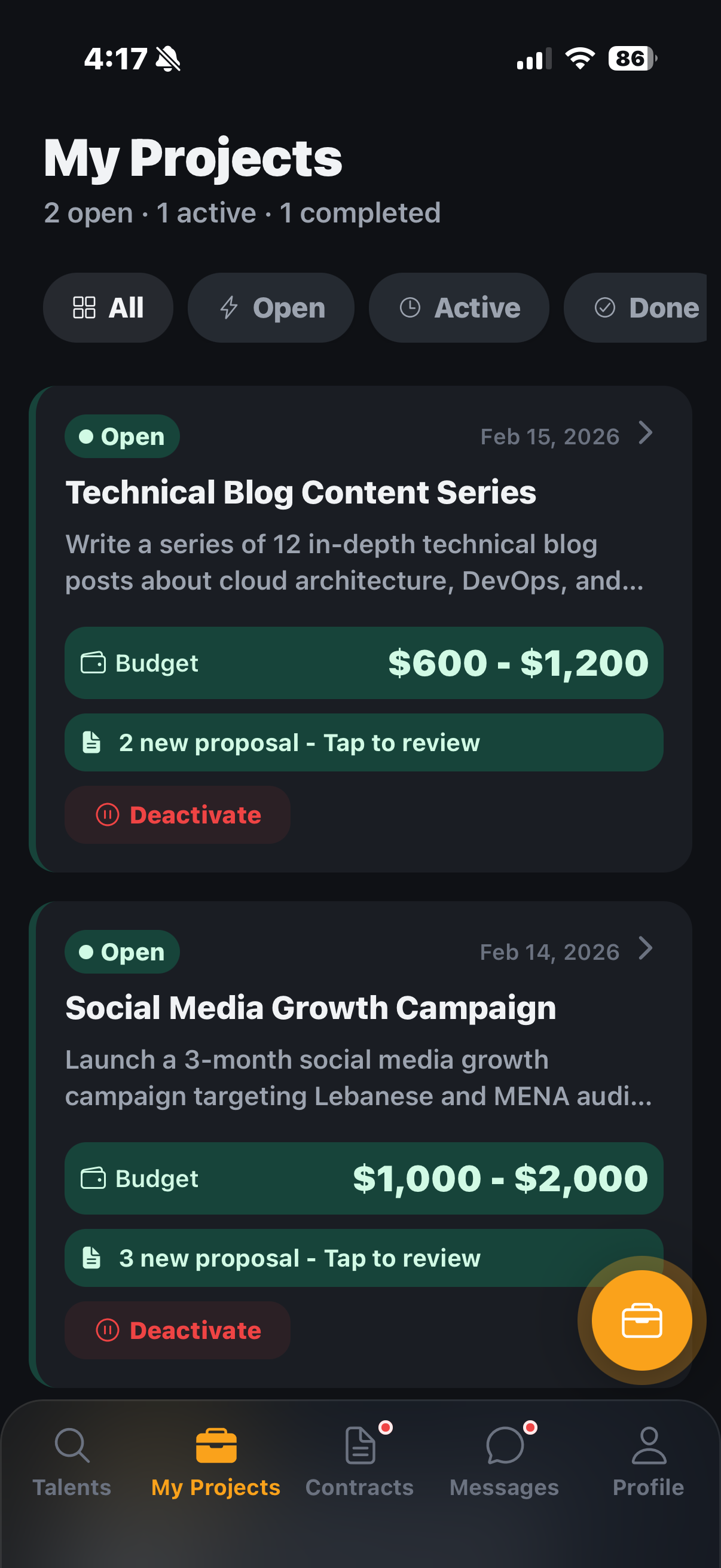 Furrsati My Projects screen — client view