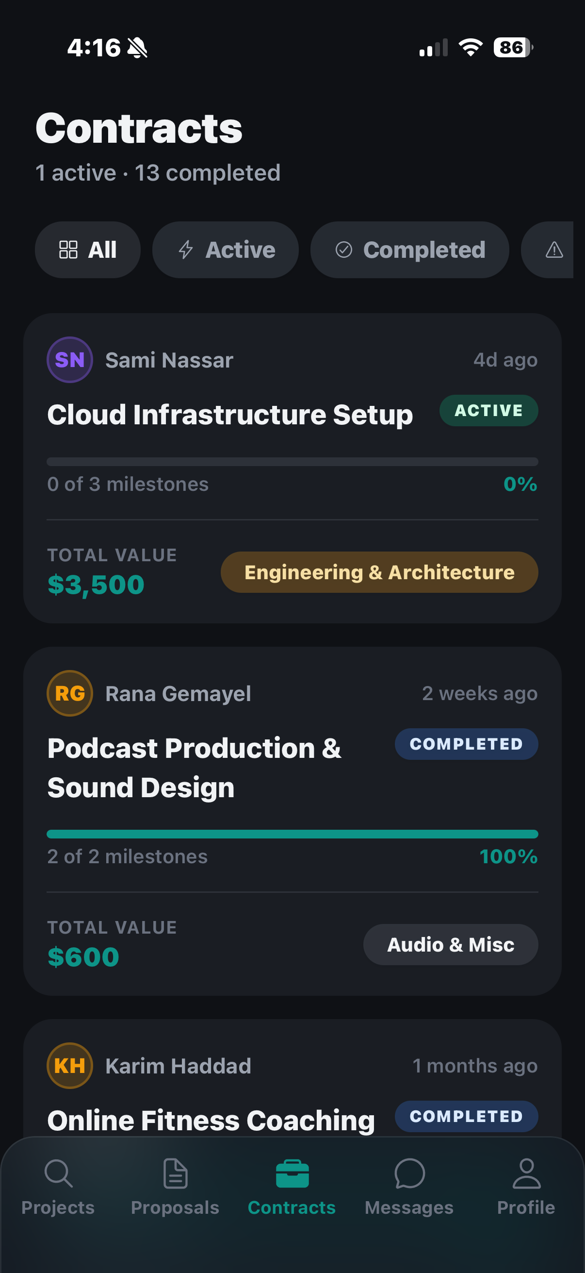 Furrsati Contracts Screen — active and completed contracts