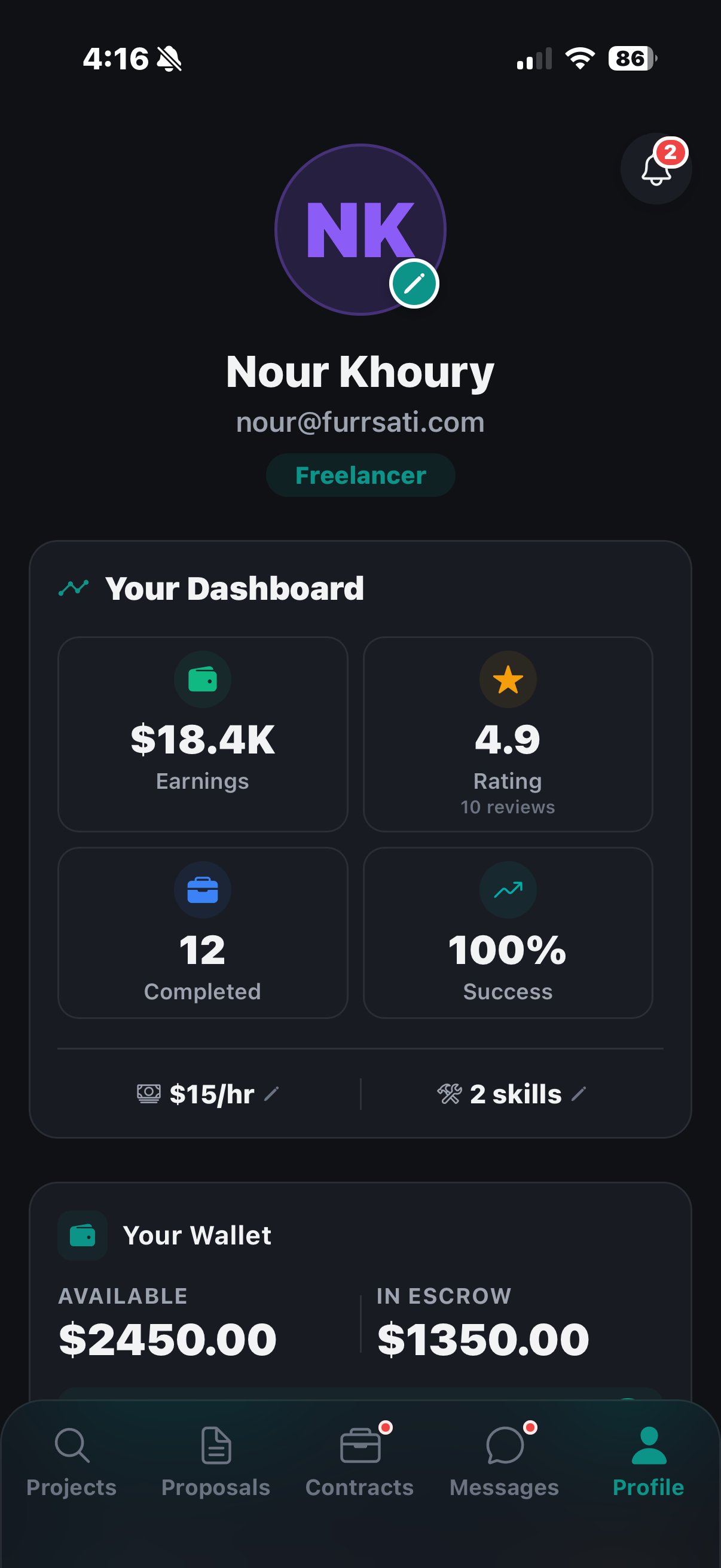 Furrsati freelancer profile showing earnings dashboard and wallet balance